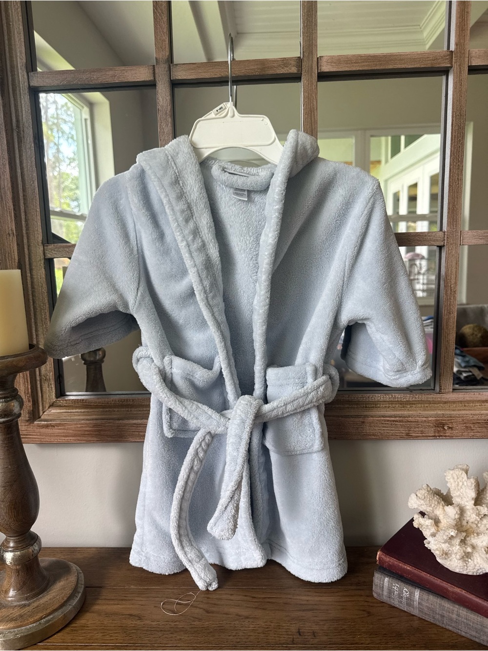 Restoration Hardware Light Blue Plush Hooded Bathrobe